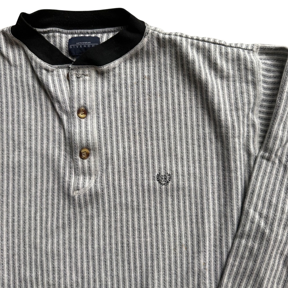 VTG Givenchy Henley Shirt Lg Grey White Striped Long Sleeve Designer Streetwear